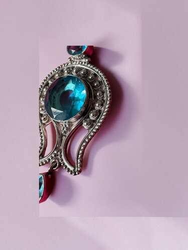 925 Sterling Silver Blue Stone Statement Pendant, Ornate Large Silver