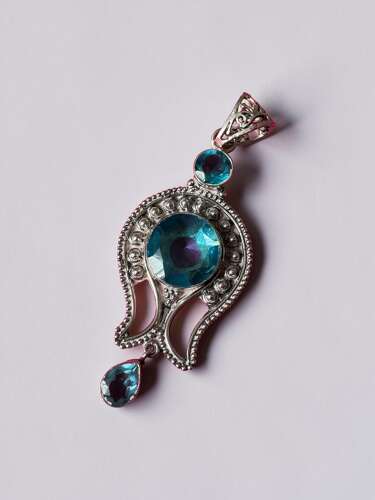 925 Sterling Silver Blue Stone Statement Pendant, Ornate Large Silver