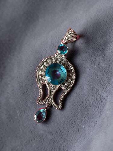 925 Sterling Silver Blue Stone Statement Pendant, Ornate Large Silver