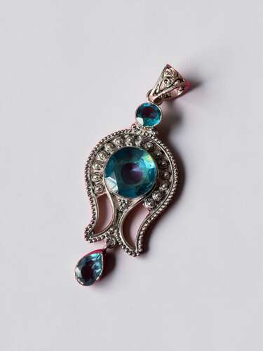 925 Sterling Silver Blue Stone Statement Pendant, Ornate Large Silver