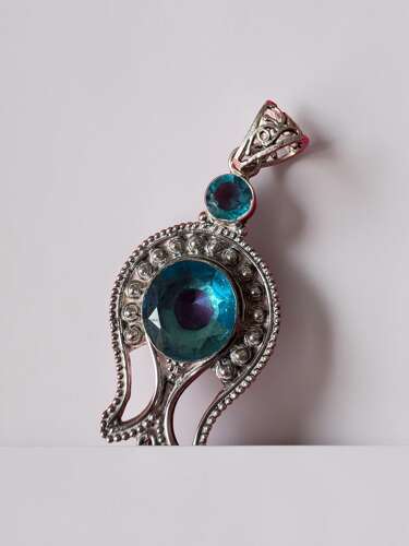 925 Sterling Silver Blue Stone Statement Pendant, Ornate Large Silver
