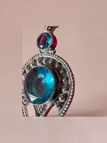925 Sterling Silver Blue Stone Statement Pendant, Ornate Large Silver