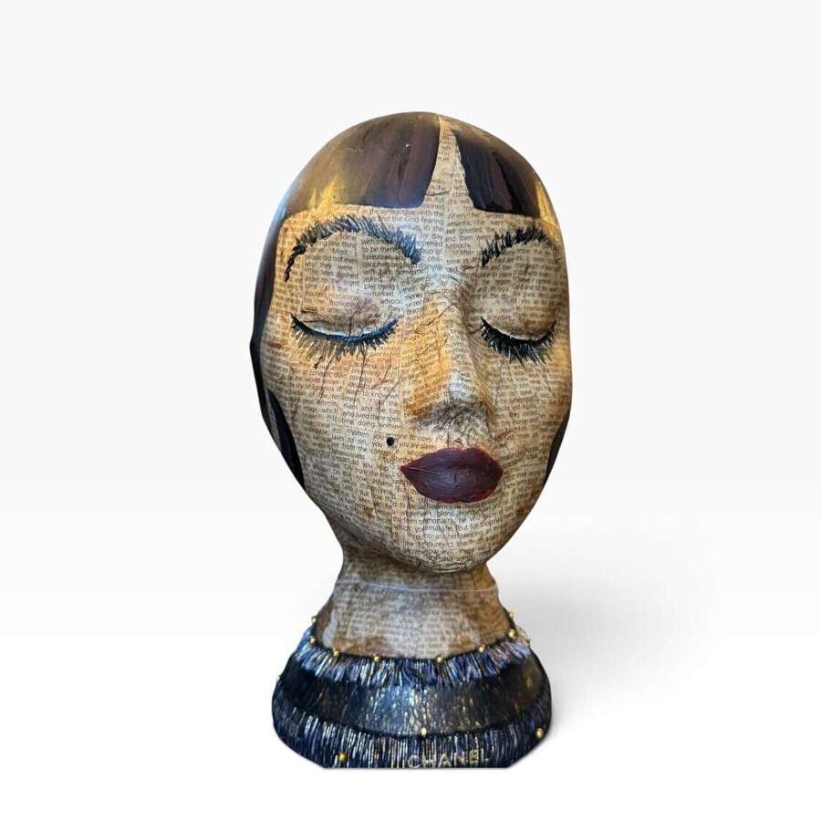 Contemporary Mixed Media Female Bust Sculpture Decoupage Text Folk Art