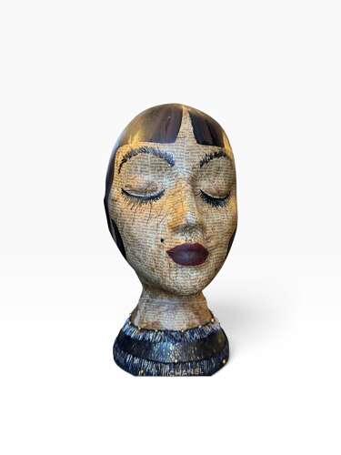 Contemporary Mixed Media Female Bust Sculpture Decoupage Text Folk Art