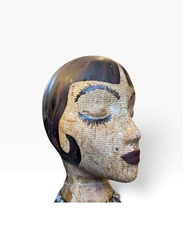 Contemporary Mixed Media Female Bust Sculpture Decoupage Text Folk Art