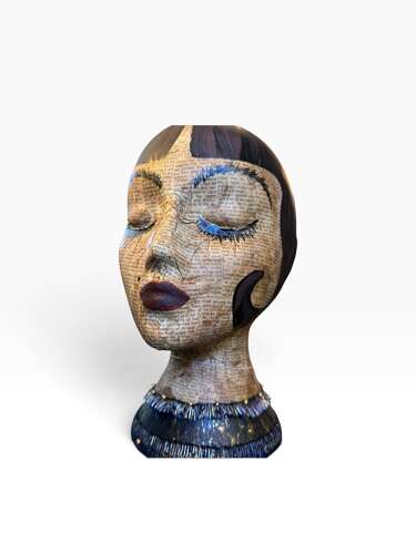Contemporary Mixed Media Female Bust Sculpture Decoupage Text Folk Art