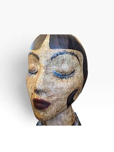 Contemporary Mixed Media Female Bust Sculpture Decoupage Text Folk Art