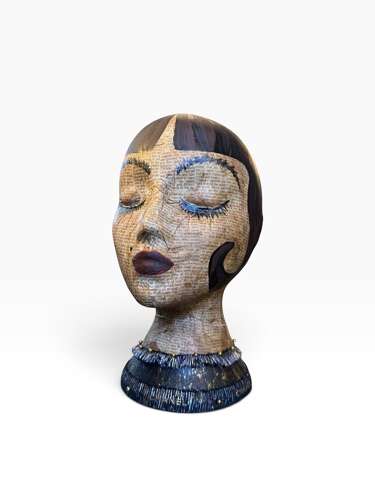 Contemporary Mixed Media Female Bust Sculpture Decoupage Text Folk Art