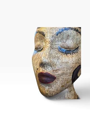 Contemporary Mixed Media Female Bust Sculpture Decoupage Text Folk Art