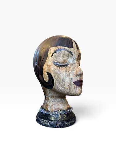 Contemporary Mixed Media Female Bust Sculpture Decoupage Text Folk Art