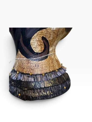 Contemporary Mixed Media Female Bust Sculpture Decoupage Text Folk Art